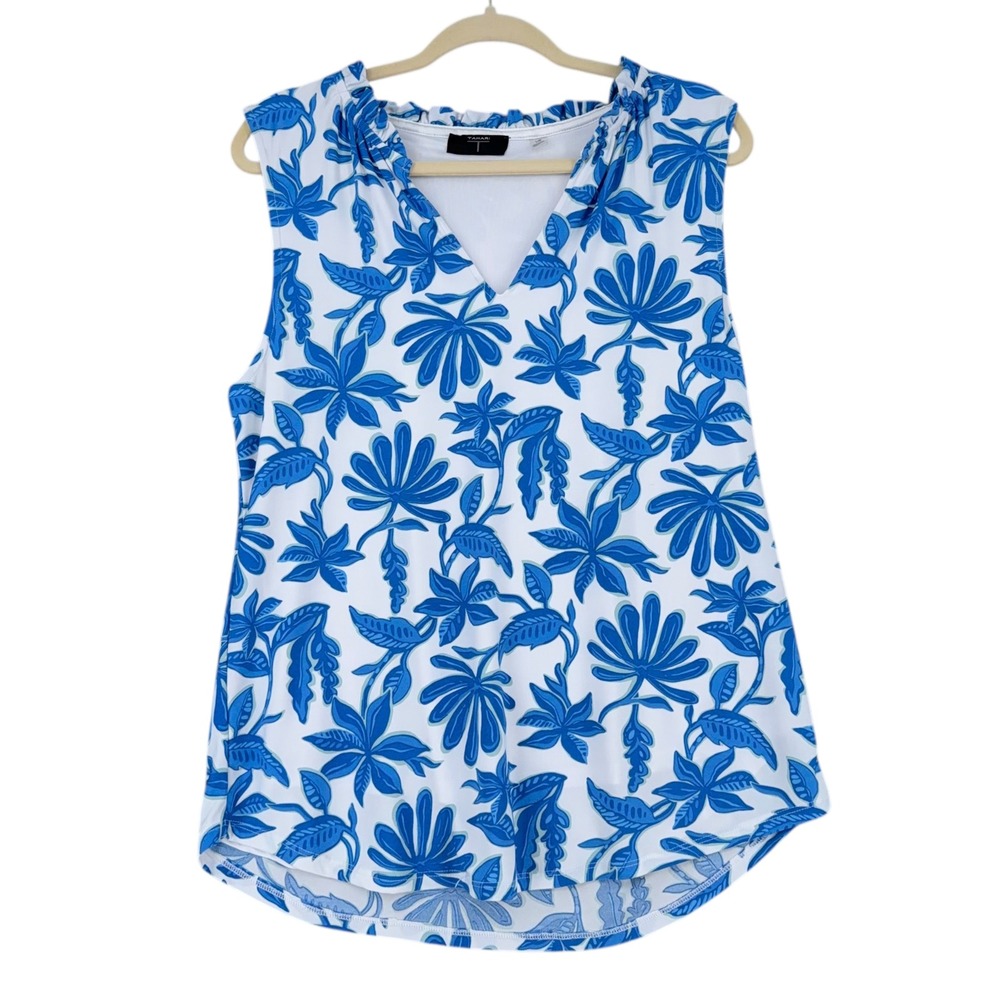 Tahari Womens Floral Sleeveless Ruffle Neck‎ Top Blue White Size L G